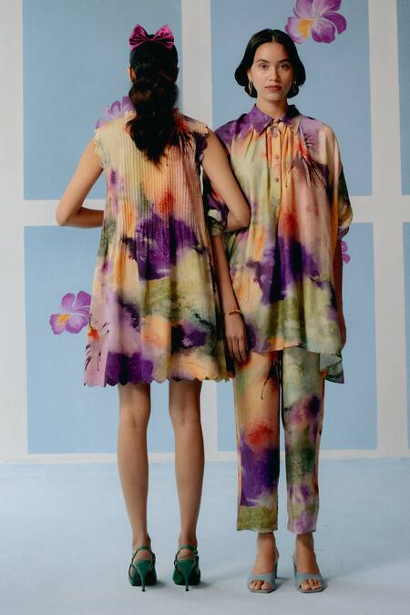 Shop_Uri By Mrunalini Rao_Multi Color Silk Embroidery Collared Multicolor Abstract Print Shirt And Pant Set _Online_at_Aza_Fashions