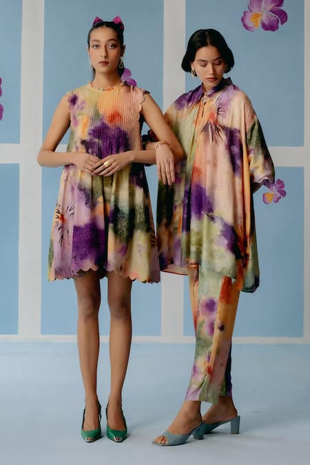 Uri By Mrunalini Rao_Multi Color Silk Embroidery Collared Multicolor Abstract Print Shirt And Pant Set _at_Aza_Fashions