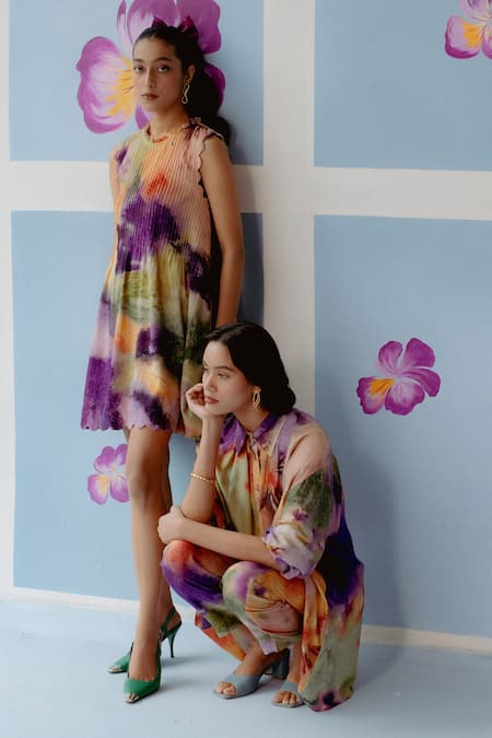 Uri By Mrunalini Rao_Multi Color Cotton Collared Abstract Print Scalloped Dress _Online_at_Aza_Fashions