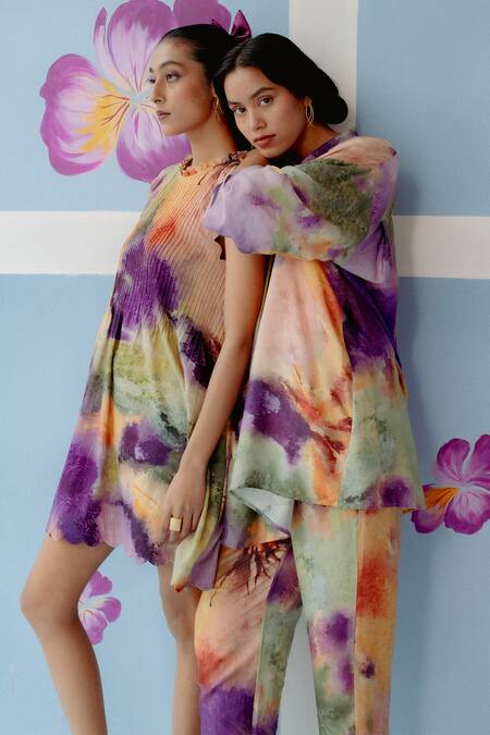 Buy_Uri By Mrunalini Rao_Multi Color Cotton Collared Abstract Print Scalloped Dress _Online_at_Aza_Fashions