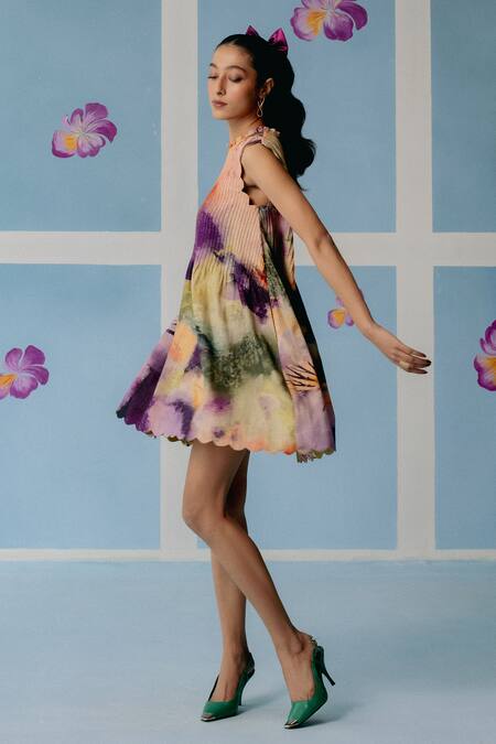 Shop_Uri By Mrunalini Rao_Multi Color Cotton Collared Abstract Print Scalloped Dress _Online_at_Aza_Fashions