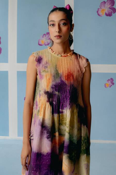 Buy_Uri By Mrunalini Rao_Multi Color Cotton Collared Abstract Print Scalloped Dress 