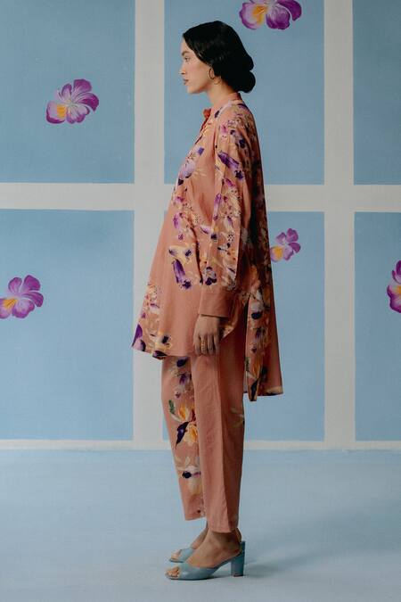 Uri By Mrunalini Rao_Brown Cotton Embroidery Collared Floral Print High-low Shirt And Pant Set _Online_at_Aza_Fashions