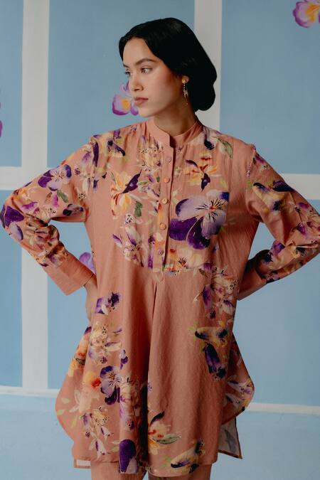 Buy_Uri By Mrunalini Rao_Brown Cotton Embroidery Collared Floral Print High-low Shirt And Pant Set _Online_at_Aza_Fashions
