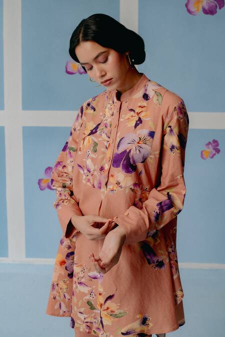 Shop_Uri By Mrunalini Rao_Brown Cotton Embroidery Collared Floral Print High-low Shirt And Pant Set _Online_at_Aza_Fashions