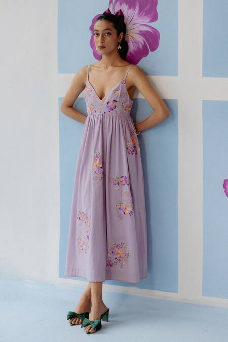 Buy_Uri By Mrunalini Rao_Purple Cotton Sequins, Beads V-neck Lilac Floral Embroidered Midi Dress _Online_at_Aza_Fashions