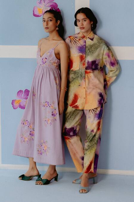 Shop_Uri By Mrunalini Rao_Purple Cotton Sequins, Beads V-neck Lilac Floral Embroidered Midi Dress _Online_at_Aza_Fashions