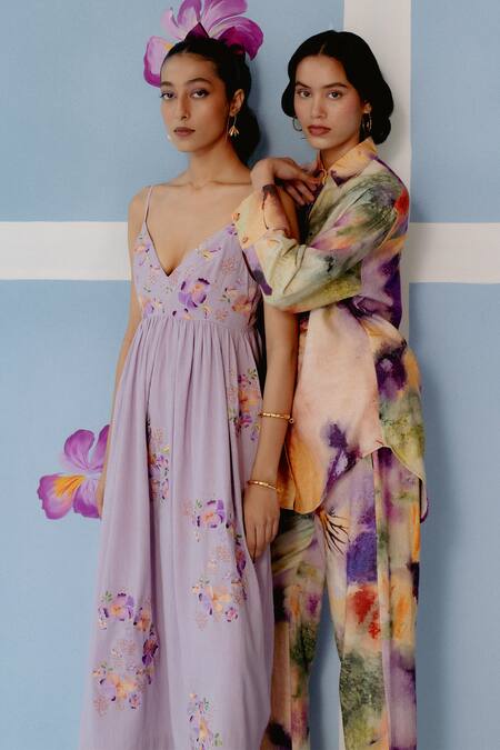 Uri By Mrunalini Rao_Purple Cotton Sequins, Beads V-neck Lilac Floral Embroidered Midi Dress _at_Aza_Fashions