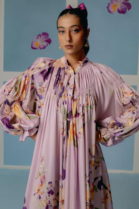 Uri By Mrunalini Rao_Purple Silk Embroidery Mandarin Collar Lilac Floral Blossom Printed Midi Dress _Online_at_Aza_Fashions