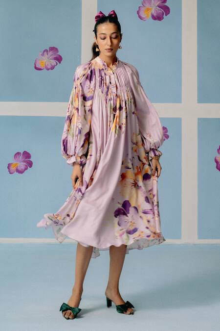 Buy_Uri By Mrunalini Rao_Purple Silk Embroidery Mandarin Collar Lilac Floral Blossom Printed Midi Dress _Online_at_Aza_Fashions