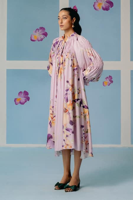 Shop_Uri By Mrunalini Rao_Purple Silk Embroidery Mandarin Collar Lilac Floral Blossom Printed Midi Dress _Online_at_Aza_Fashions