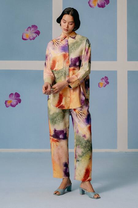 Uri By Mrunalini Rao_Multi Color Silk Embroidery Shawl Multicolor Abstract Print Shirt And Pant Set _Online_at_Aza_Fashions
