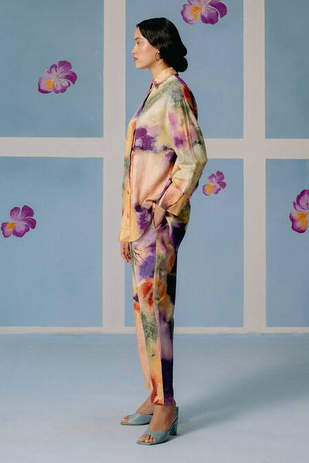 Buy_Uri By Mrunalini Rao_Multi Color Silk Embroidery Shawl Multicolor Abstract Print Shirt And Pant Set _Online_at_Aza_Fashions