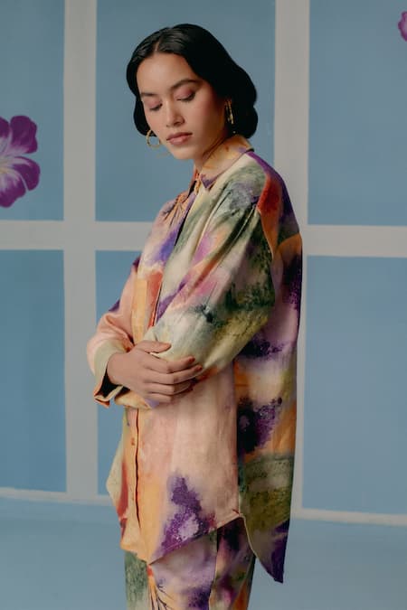 Shop_Uri By Mrunalini Rao_Multi Color Silk Embroidery Shawl Multicolor Abstract Print Shirt And Pant Set _Online_at_Aza_Fashions
