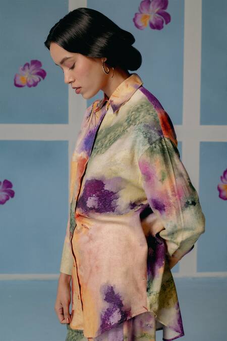 Uri By Mrunalini Rao_Multi Color Silk Embroidery Shawl Multicolor Abstract Print Shirt And Pant Set _at_Aza_Fashions