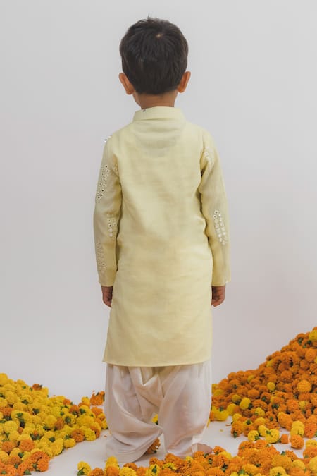 Shop_Chotibuti X AZA_Yellow Chanderi Mirrors Embroidered Kurta Set _at_Aza_Fashions