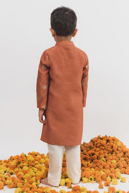 Shop_Chotibuti X AZA_Orange Chanderi Embroidery Elephant Woven Kurta Set _at_Aza_Fashions