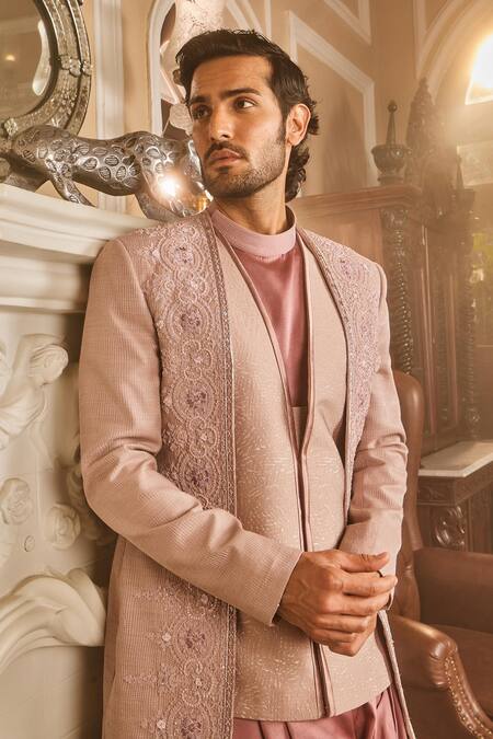 Asuka_Purple Silk, Satin Sequins, Embroidery, Cut Work Bandhgala Set _Online_at_Aza_Fashions