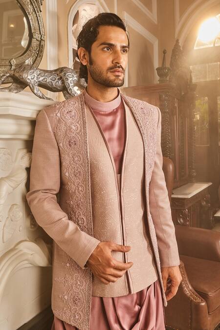 Buy_Asuka_Purple Silk, Satin Sequins, Embroidery, Cut Work Bandhgala Set _Online_at_Aza_Fashions