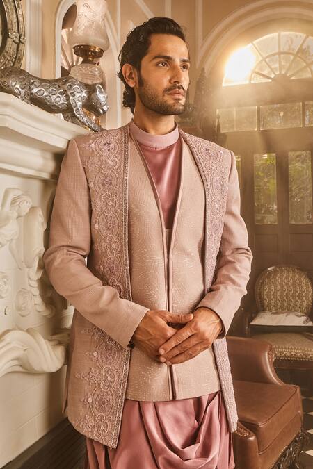 Shop_Asuka_Purple Silk, Satin Sequins, Embroidery, Cut Work Bandhgala Set _Online_at_Aza_Fashions