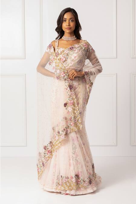 Isha Regalia_Pink Net, Cotton, Silk Sequins, Crystals, Floral Vine Pre-draped Saree And Blouse _Online_at_Aza_Fashions