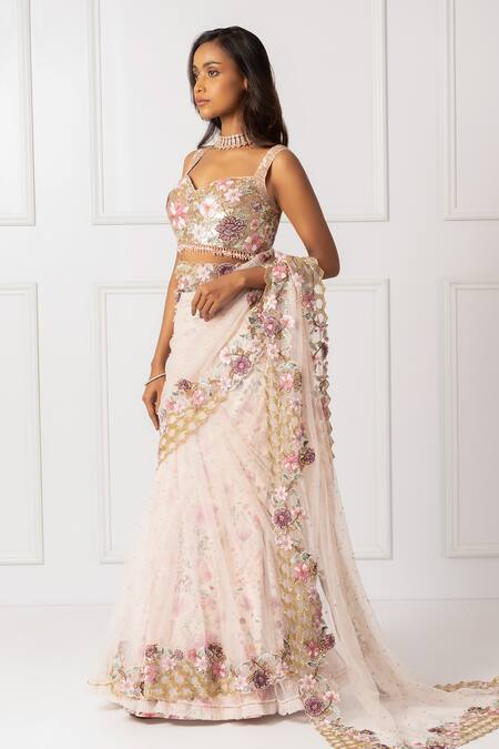 Buy_Isha Regalia_Pink Net, Cotton, Silk Sequins, Crystals, Floral Vine Pre-draped Saree And Blouse _Online_at_Aza_Fashions