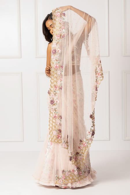 Shop_Isha Regalia_Pink Net, Cotton, Silk Sequins, Crystals, Floral Vine Pre-draped Saree And Blouse _Online_at_Aza_Fashions