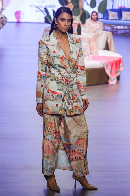 R. Y By Rishi And Vibhuti Multi Color Crepe Cityscape Printed Blazer And Draped Pant Set Online at Aza Fashions R. Y By Rishi And Vibhuti_Multi Color Crepe Cityscape Printed Blazer And Draped Pant Set_Online_at_Aza_Fashions