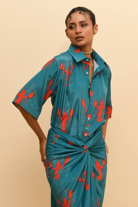 R. Y By Rishi And Vibhuti_Blue Crepe Collared Lobster Print Shirt And Draped Skirt Set_Online_at_Aza_Fashions