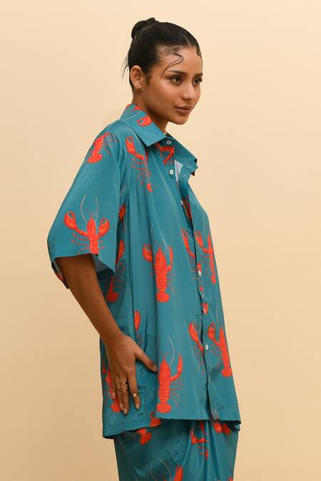 Buy_R. Y By Rishi And Vibhuti_Blue Crepe Collared Lobster Print Shirt And Draped Skirt Set_Online_at_Aza_Fashions