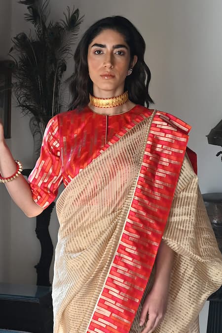 Shorshe Clothing Beige Tissue, Chanderi, Brocade Tassels Woven Stripe Designer Saree Online at Aza Fashions Shorshe Clothing_Beige Tissue, Chanderi, Brocade Tassels Woven Stripe Designer Saree_Online_at_Aza_Fashions