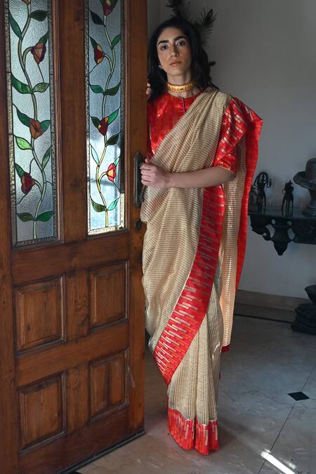 Buy_Shorshe Clothing_Beige Tissue, Chanderi, Brocade Tassels Woven Stripe Designer Saree_Online_at_Aza_Fashions