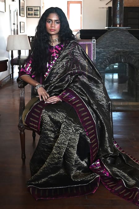 Shop_Shorshe Clothing_Black Tissue, Chanderi, Brocade Tassels Tonal Stripe Woven Saree_at_Aza_Fashions