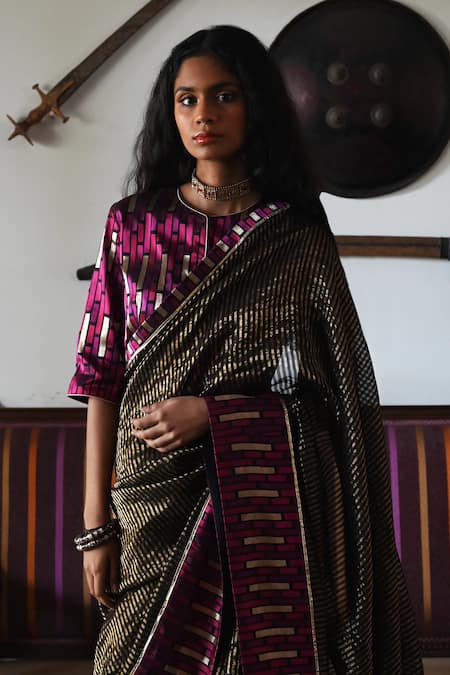 Shorshe Clothing_Black Tissue, Chanderi, Brocade Tassels Tonal Stripe Woven Saree_Online_at_Aza_Fashions
