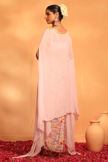 Shop Swati Wadhwani Couture Pink Crepe, Georgette Sequins Scoop Neck Adaa Printed Draped Skirt Set With Cape at Aza Fashions Shop_Swati Wadhwani Couture_Pink Crepe, Georgette Sequins Scoop Neck Adaa Printed Draped Skirt Set With Cape _at_Aza_Fashions