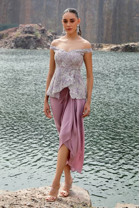 Shop Label Moni K Purple Crepe, Organza Embroidery Dori Work Peplum Top And Dhoti Pant Set at Aza Fashions Shop_Label Moni K_Purple Crepe, Organza Embroidery Dori Work Peplum Top And Dhoti Pant Set _at_Aza_Fashions