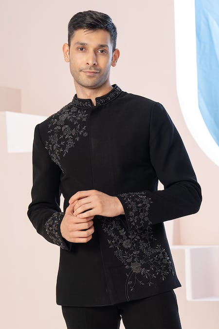 Hilo Design_Black Silk Embroidery Floral Bandhgala And Trouser _Online_at_Aza_Fashions