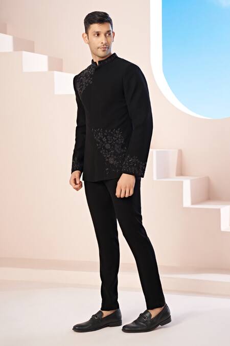 Buy_Hilo Design_Black Silk Embroidery Floral Bandhgala And Trouser _Online_at_Aza_Fashions