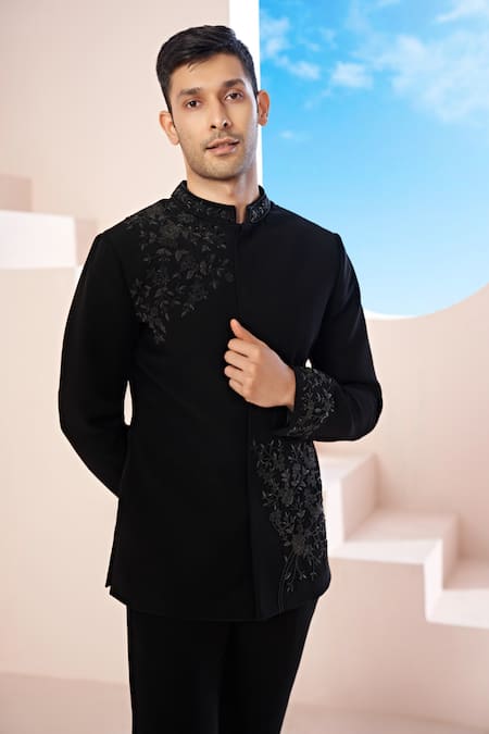 Shop_Hilo Design_Black Silk Embroidery Floral Bandhgala And Trouser _Online_at_Aza_Fashions