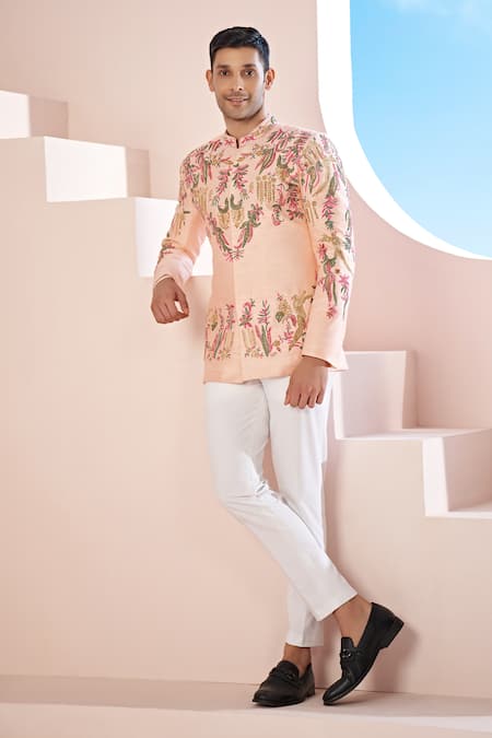 Hilo Design Peach Bloom Embroidered Bandhgala & Trouser 