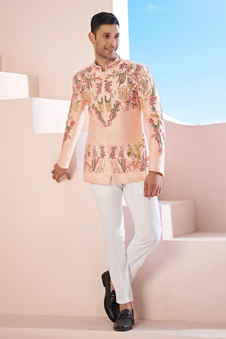 Hilo Design Peach Bloom Embroidered Bandhgala & Trouser 