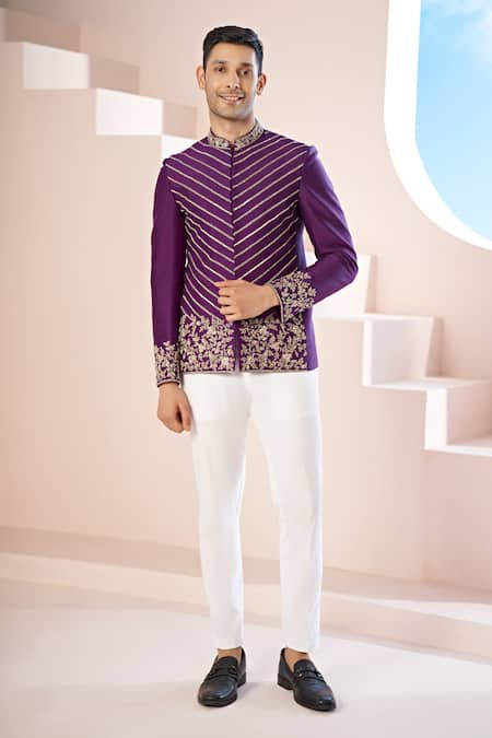 Hilo Design Vine Embroidered Purple Bandhgala & Trouser 