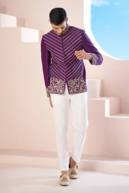 Hilo Design Vine Embroidered Purple Bandhgala & Trouser 