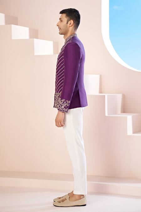 Hilo Design_Purple , Satin, Cotton Zari, Cut Work, Vine Bandhgala And Trouser _Online_at_Aza_Fashions