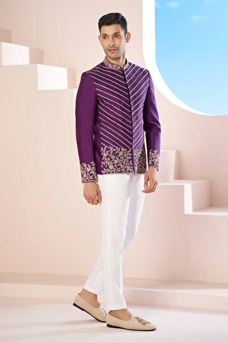 Buy_Hilo Design_Purple , Satin, Cotton Zari, Cut Work, Vine Bandhgala And Trouser _Online_at_Aza_Fashions