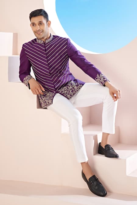 Shop_Hilo Design_Purple , Satin, Cotton Zari, Cut Work, Vine Bandhgala And Trouser _Online_at_Aza_Fashions