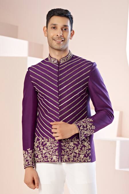 Hilo Design_Purple , Satin, Cotton Zari, Cut Work, Vine Bandhgala And Trouser _at_Aza_Fashions