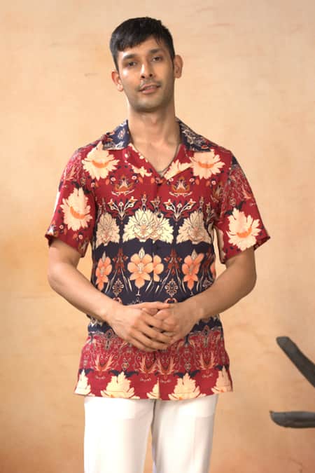 Hilo Design_Blue Cotton Satin Embroidery Phool Print Shirt And Pant Set _Online_at_Aza_Fashions