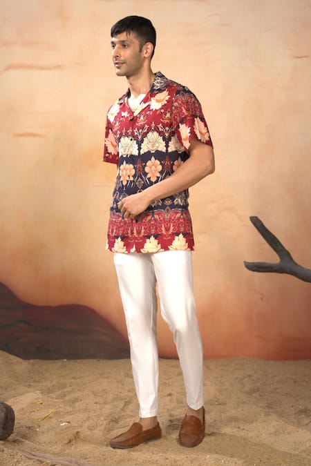 Buy_Hilo Design_Blue Cotton Satin Embroidery Phool Print Shirt And Pant Set _Online_at_Aza_Fashions