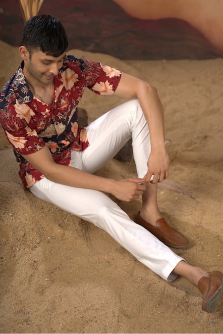 Shop_Hilo Design_Blue Cotton Satin Embroidery Phool Print Shirt And Pant Set _Online_at_Aza_Fashions